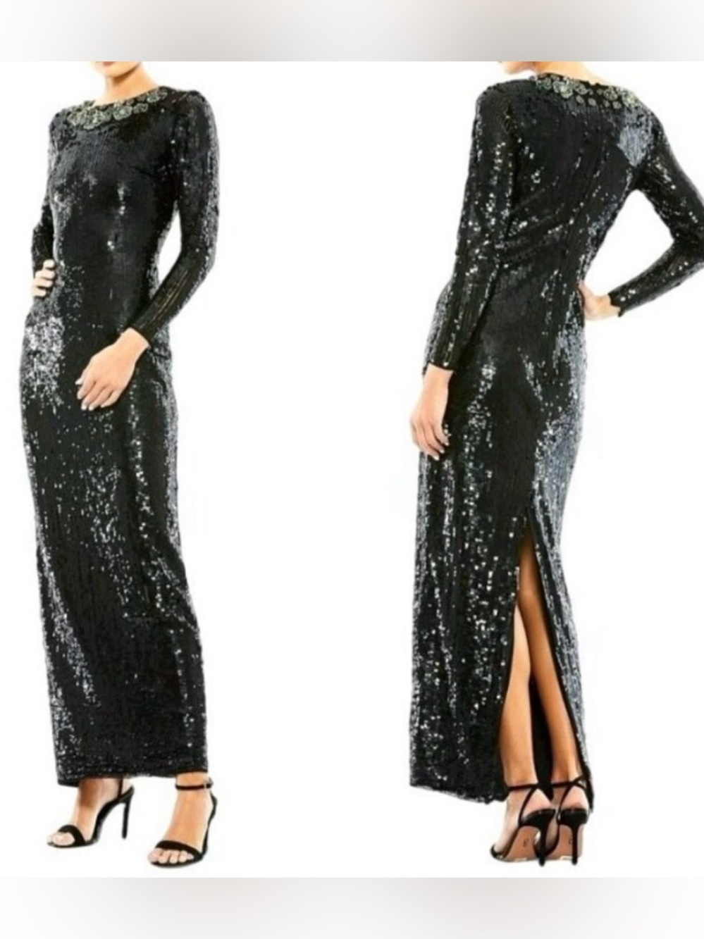 Mac Duggal Size 10 Emerald Rhinestone Necklace Black Sequin LS Maxi Gown Dress N - Picture 2 of 13